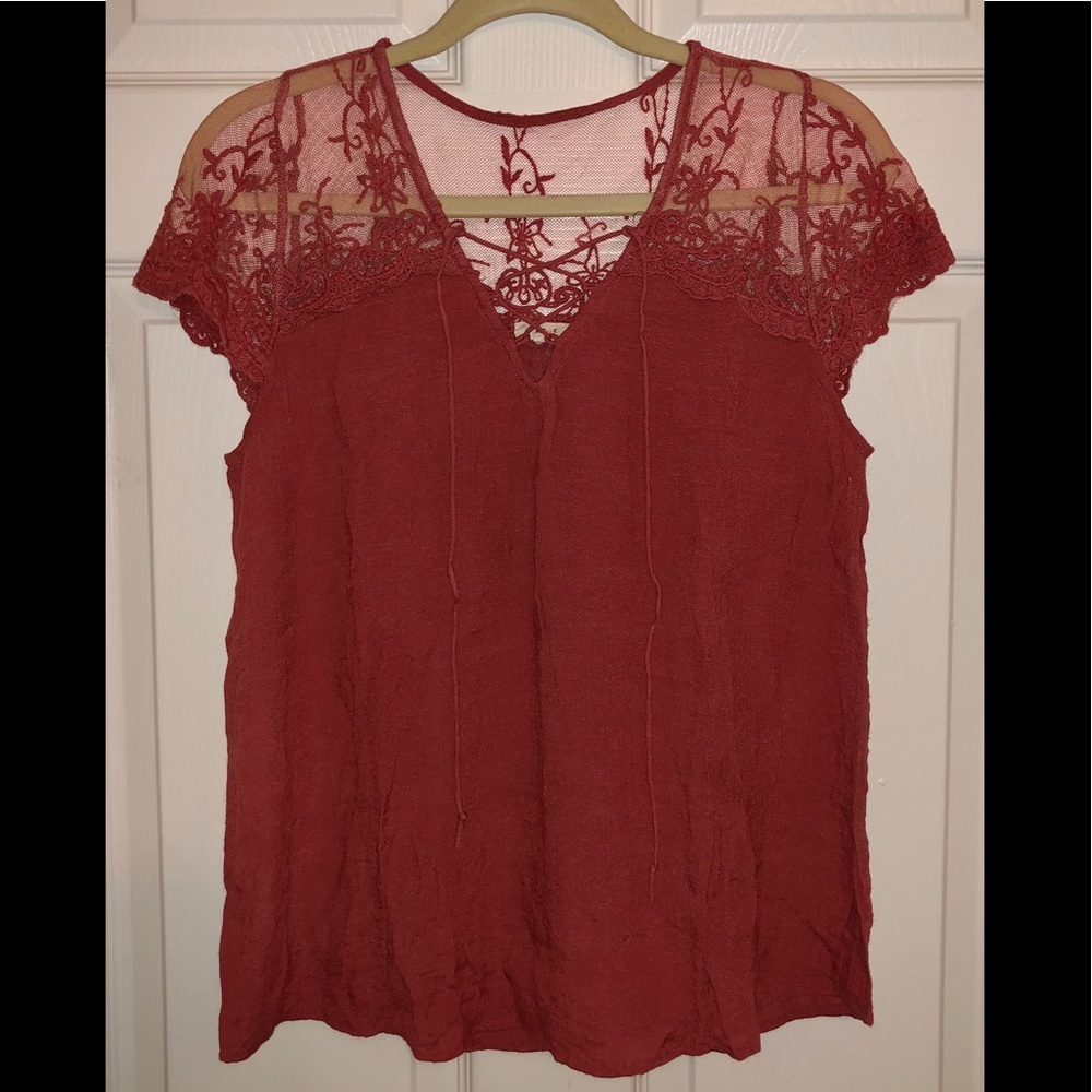 Embroidered Accent Tie Front Medium Blouse